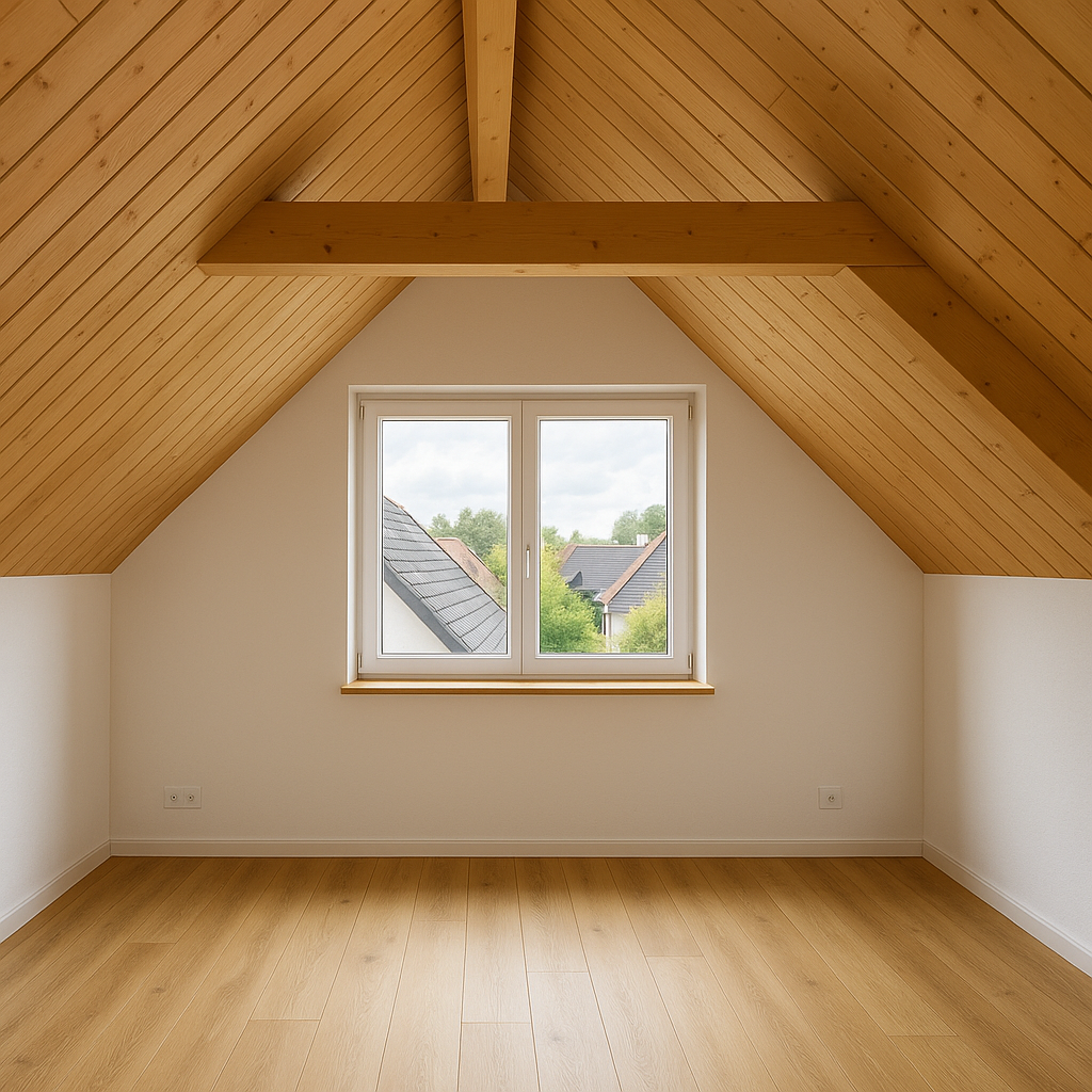 A newly converted attic with light wood floors, sloped pine ceiling, and a large window offering natural daylight and a peaceful suburban view—ideal for cozy, affordable renovation inspiration.