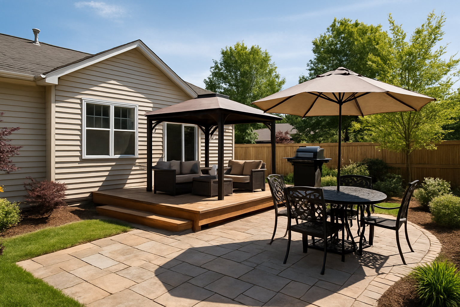 Spacious backyard with a shaded wooden deck, umbrella-covered patio table, grill, and lush low-maintenance landscaping—perfect for maximizing living area.