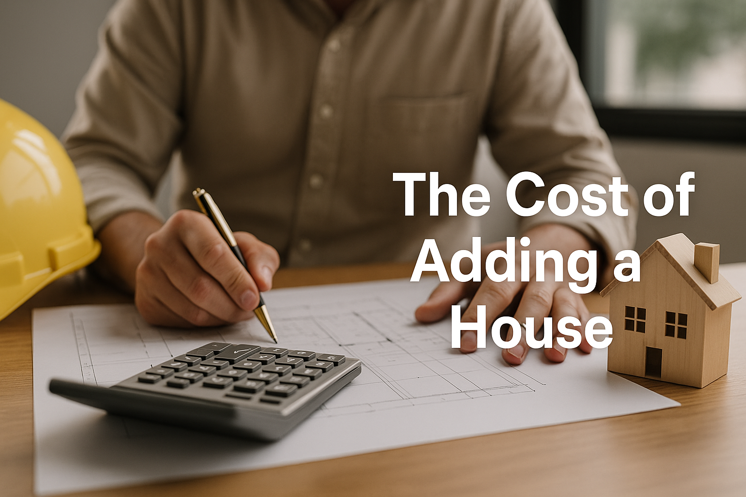 A person uses a calculator and pen to plan a house addition project, with blueprints, a model house, and a yellow construction helmet on the table — representing cost calculation and planning for home expansion.
