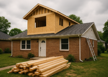 A single-story suburban brick home undergoing a second-story addition with exposed framing, stacked lumber, and a ladder, illustrating house addition costs.