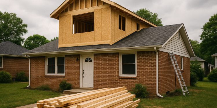 A single-story suburban brick home undergoing a second-story addition with exposed framing, stacked lumber, and a ladder, illustrating house addition costs.