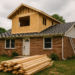 A single-story suburban brick home undergoing a second-story addition with exposed framing, stacked lumber, and a ladder, illustrating house addition costs.