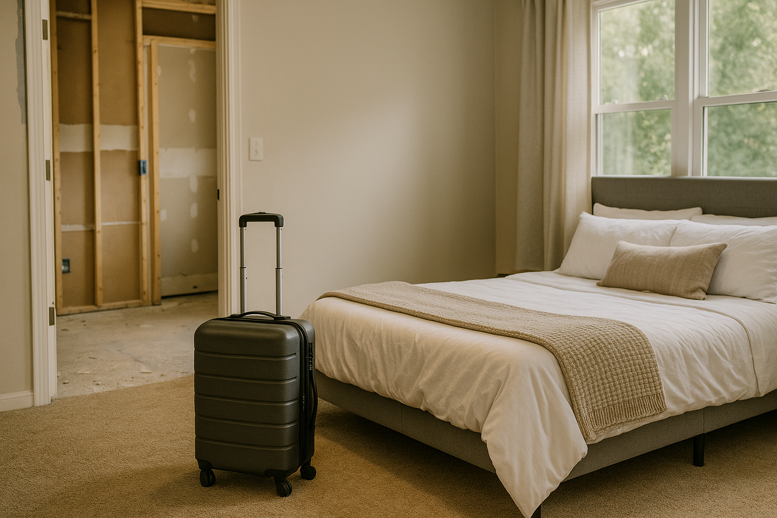 A photo of a suitcase in a cozy temporary bedroom with an adjacent unfinished construction zone, capturing the living arrangement challenges faced during major home projects.