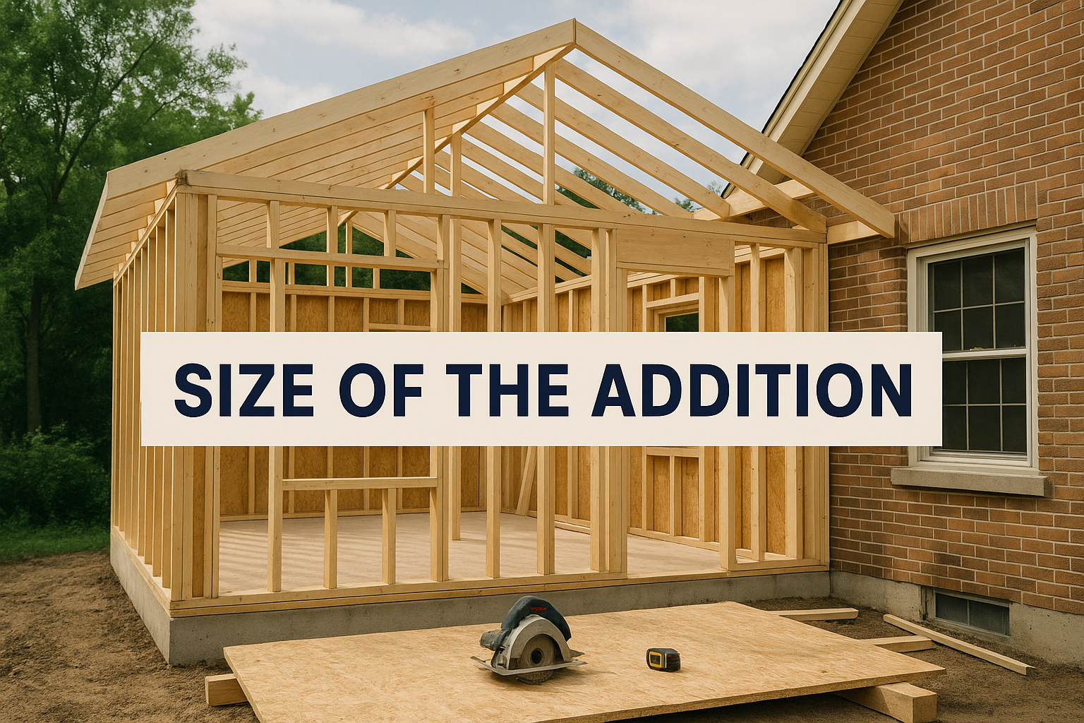 A DSLR-quality image of a wooden house addition under construction, illustrating the effect of size on home addition cost with visible framing and tools.