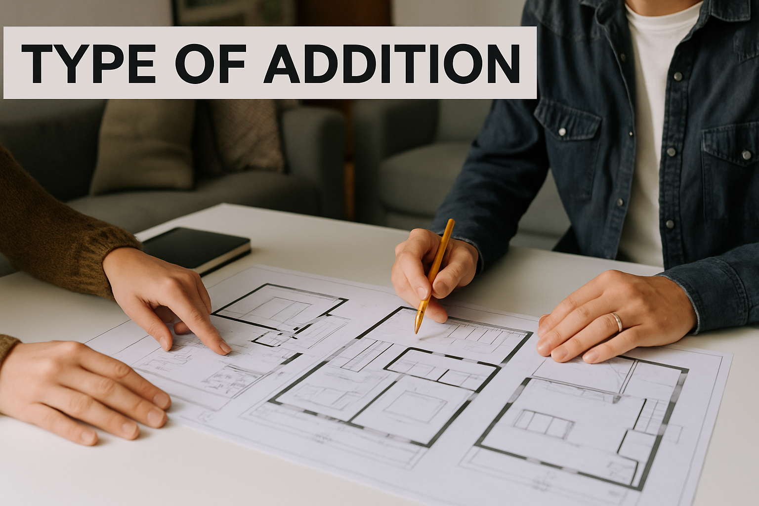 Two professionals analyzing architectural blueprints for room or second-floor home additions, representing the type of addition and project planning.