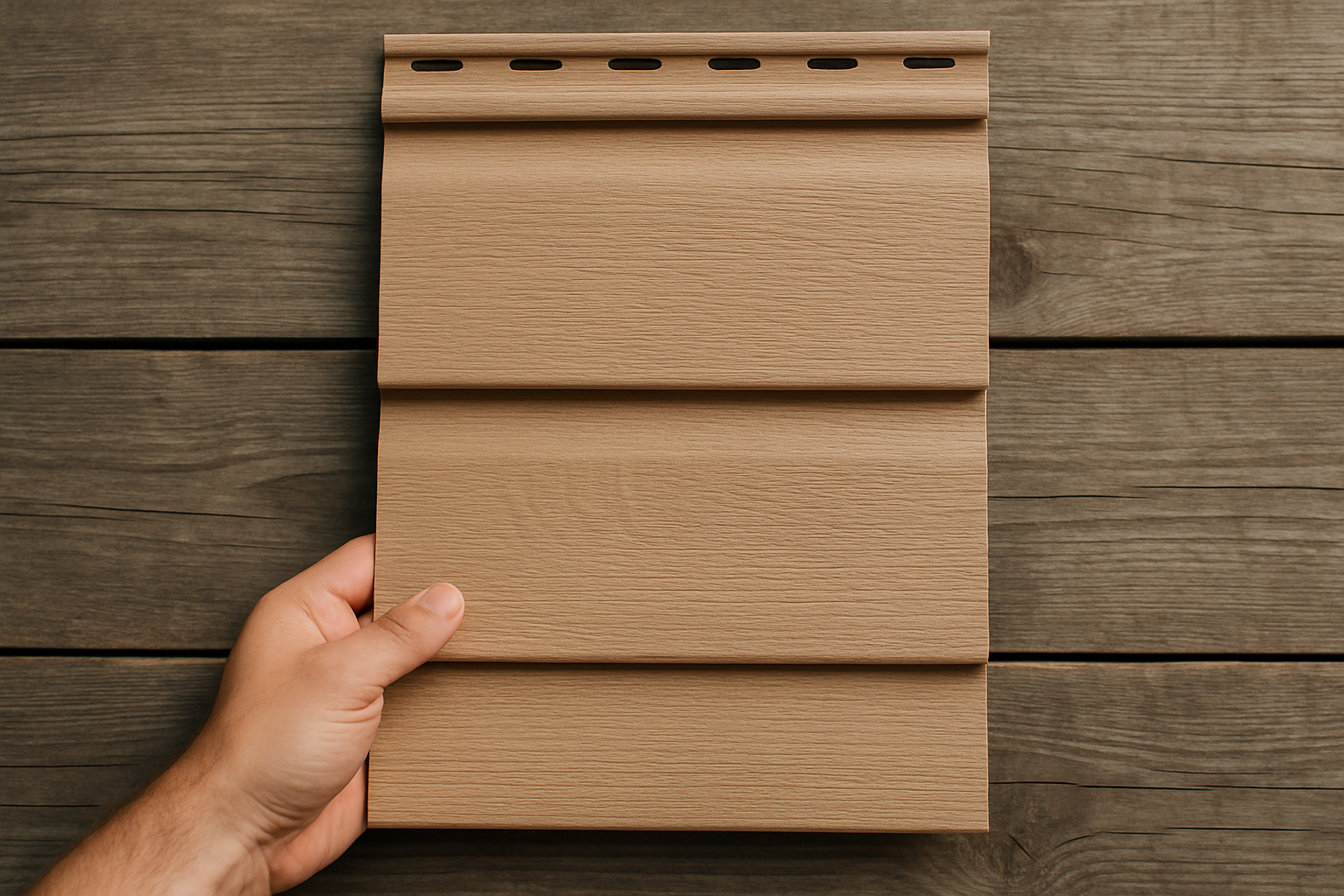 A hand holding a sample of light brown vinyl siding against a rustic wooden background, showcasing material texture used in house additions