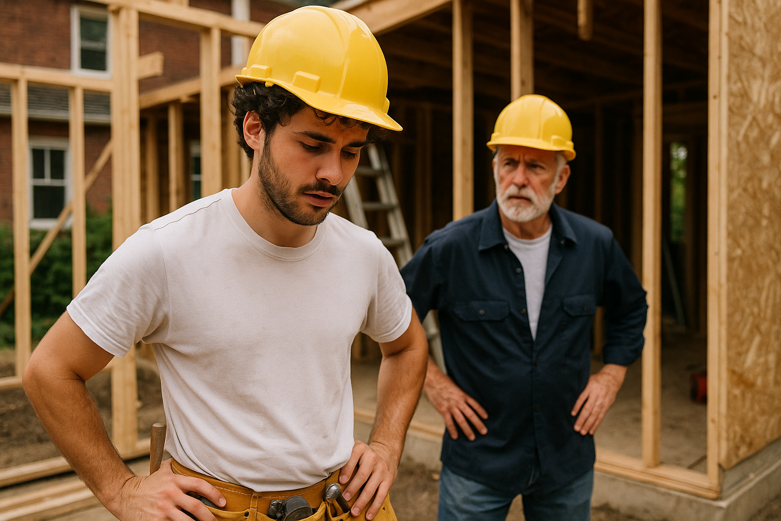 Two professional construction workers assessing a house addition project with wooden framing in the background, representing the labor costs involved in residential building work. 
