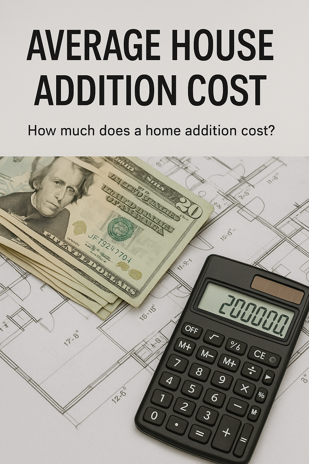Image showing cash, a calculator displaying $200,000, and house blueprints, illustrating the cost of a home addition.