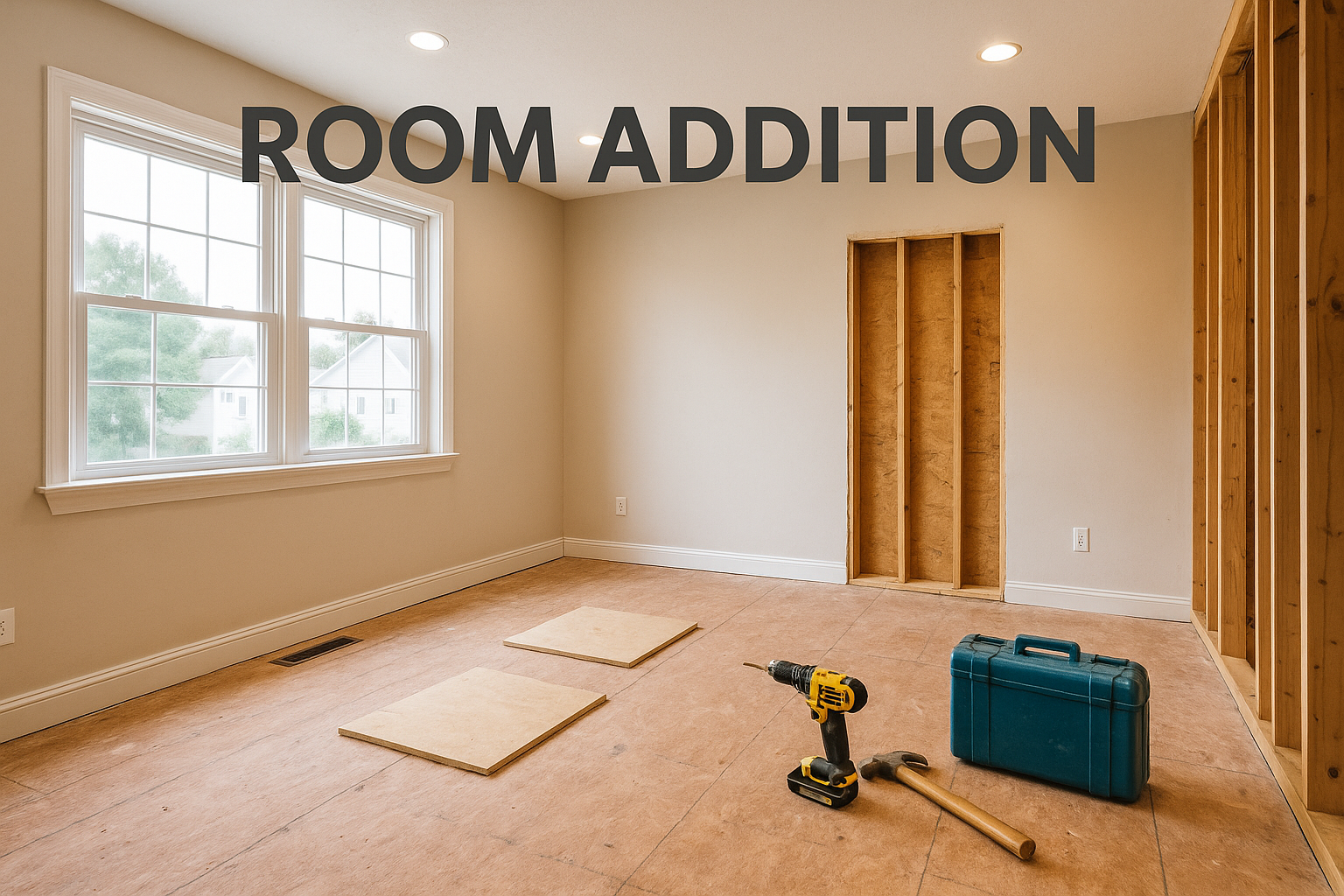 A high-resolution photo of a partially constructed room with exposed framing, construction tools, and large windows, showing the progress of a room addition project.