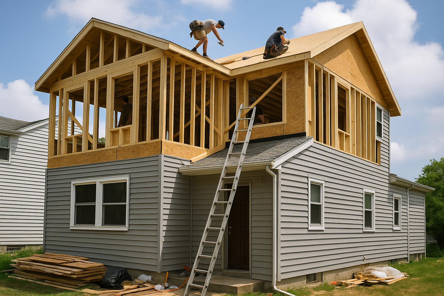 A photo of a suburban house with a second story under construction, featuring workers installing roof sheathing and wooden framing on top of a finished ground level with gray siding.