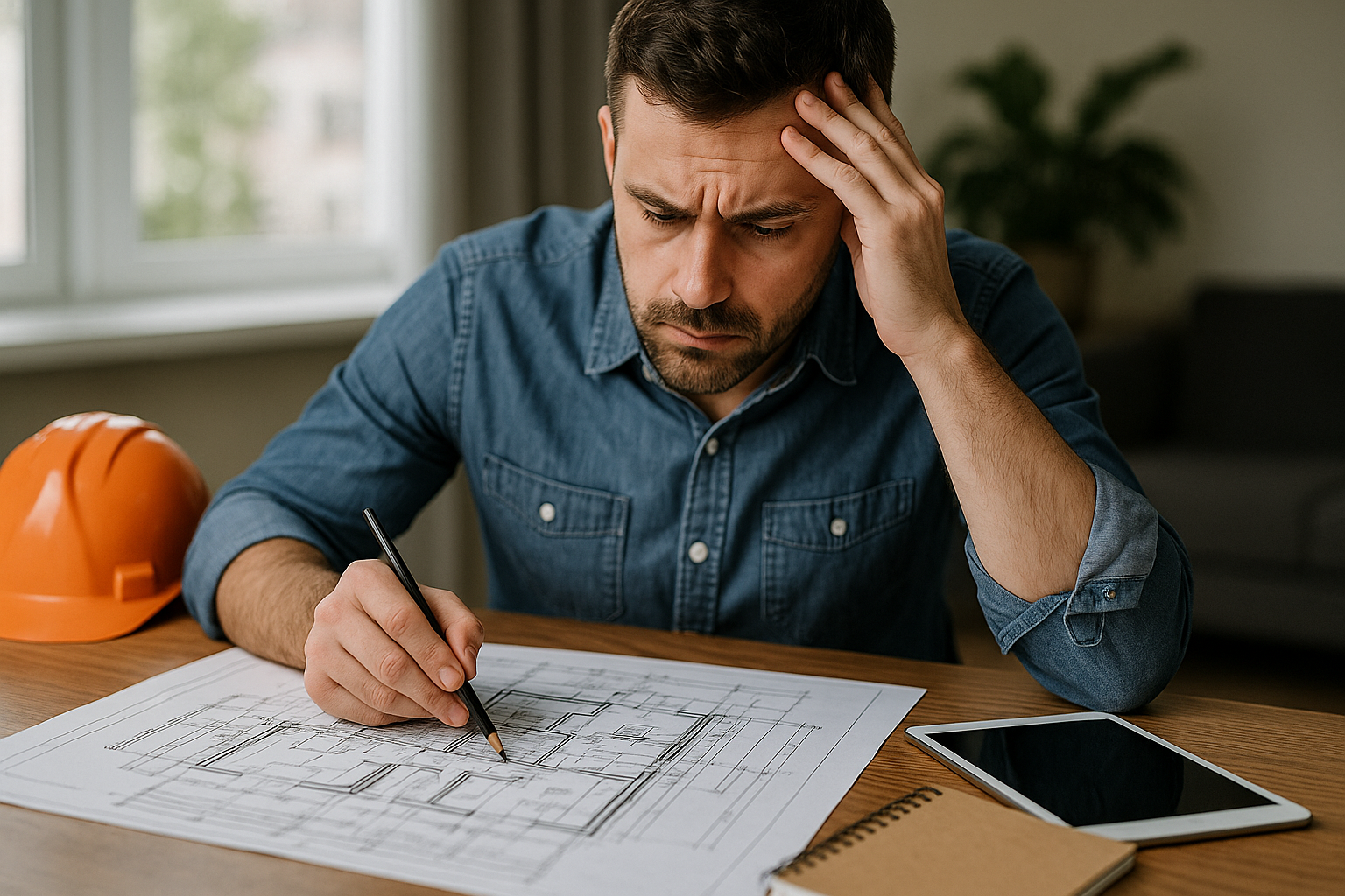 A high-resolution photo of a focused architect reviewing house blueprints, symbolizing the importance of planning carefully to avoid unexpected construction deviations.