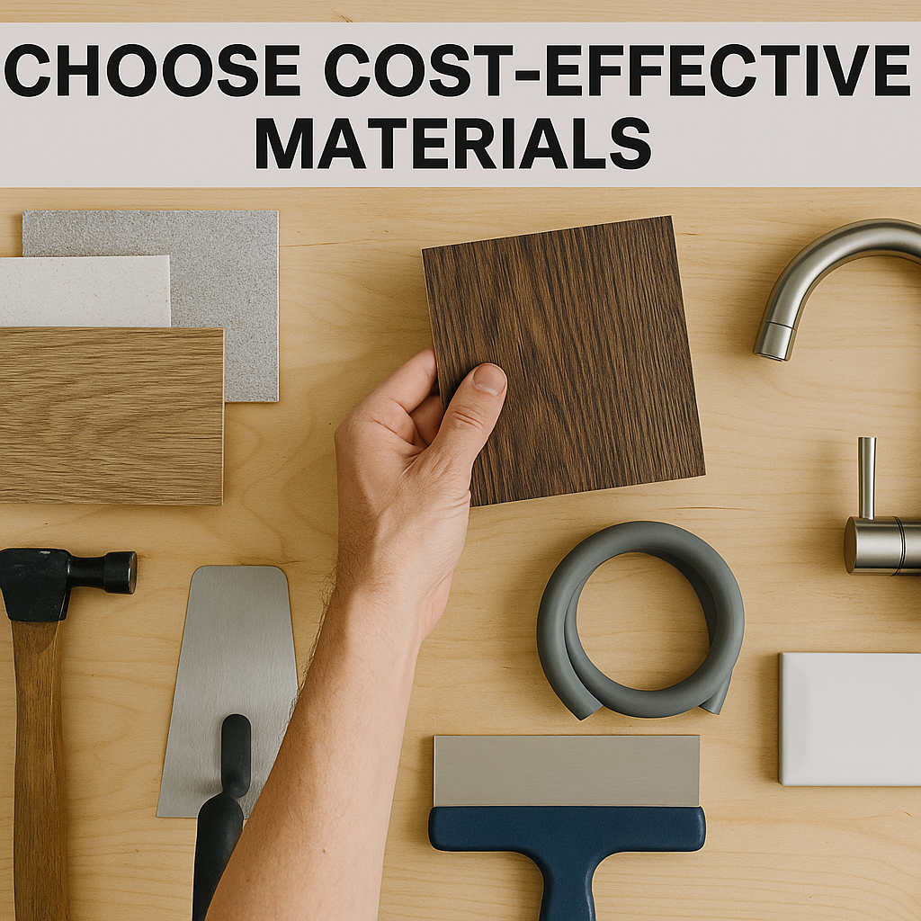Hand selecting affordable construction materials like laminate wood, tiles, and plumbing fixtures on a wooden surface, representing cost-effective building choices for home additions.