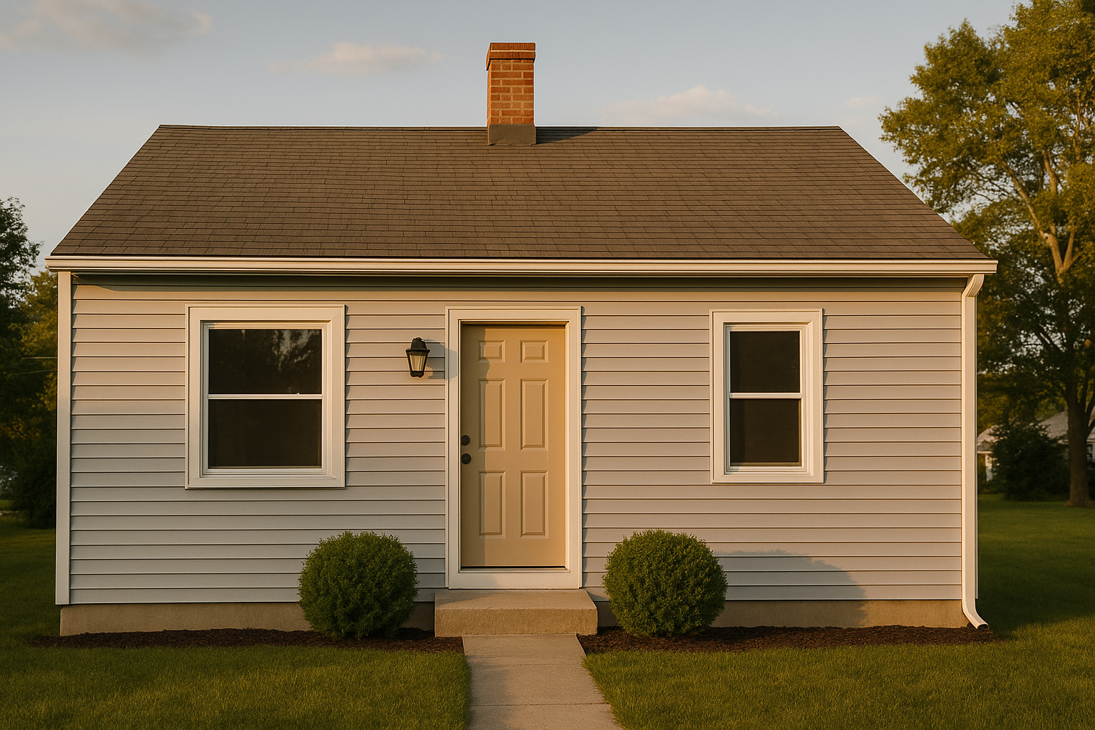 A small, single-story suburban home with simple gray vinyl siding, asphalt roof, and minimal design emphasizing affordability and simplicity in construction 