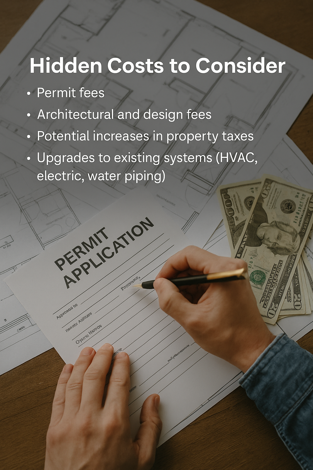 Close-up of a person filling out a building permit form over architectural plans and US dollar bills, highlighting hidden home addition costs like permit fees, taxes, and system upgrades. 