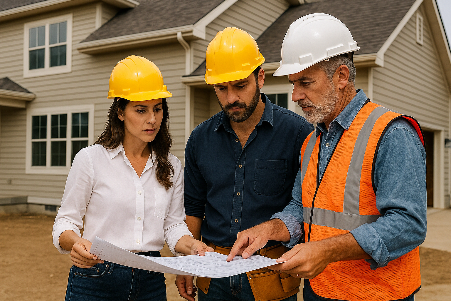A high-quality photo of three construction workers in hard hats and safety gear examining blueprints in front of a suburban home, illustrating expert planning for a house addition.
