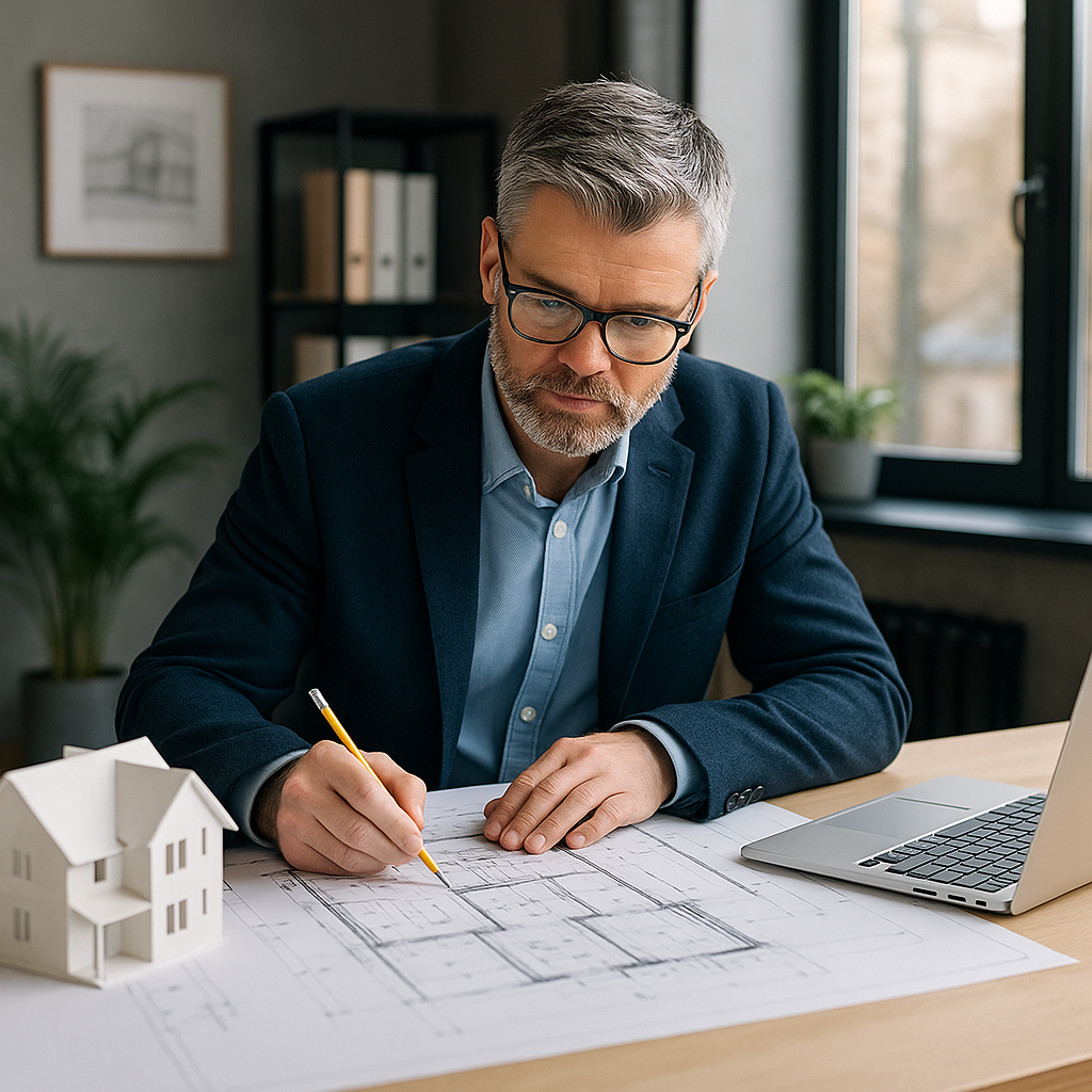 A professional architect reviewing blueprints and a scale house model in a modern office, highlighting planning and creative design in home extensions.