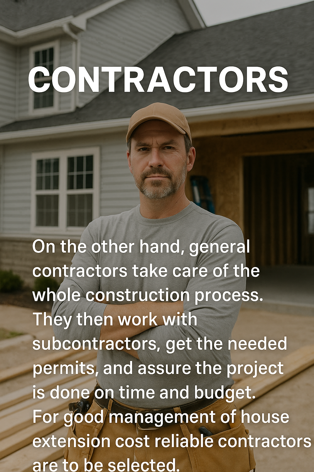 Portrait of a professional general contractor standing confidently at a home construction site, representing responsibility for permits, subcontractors, and budget control.