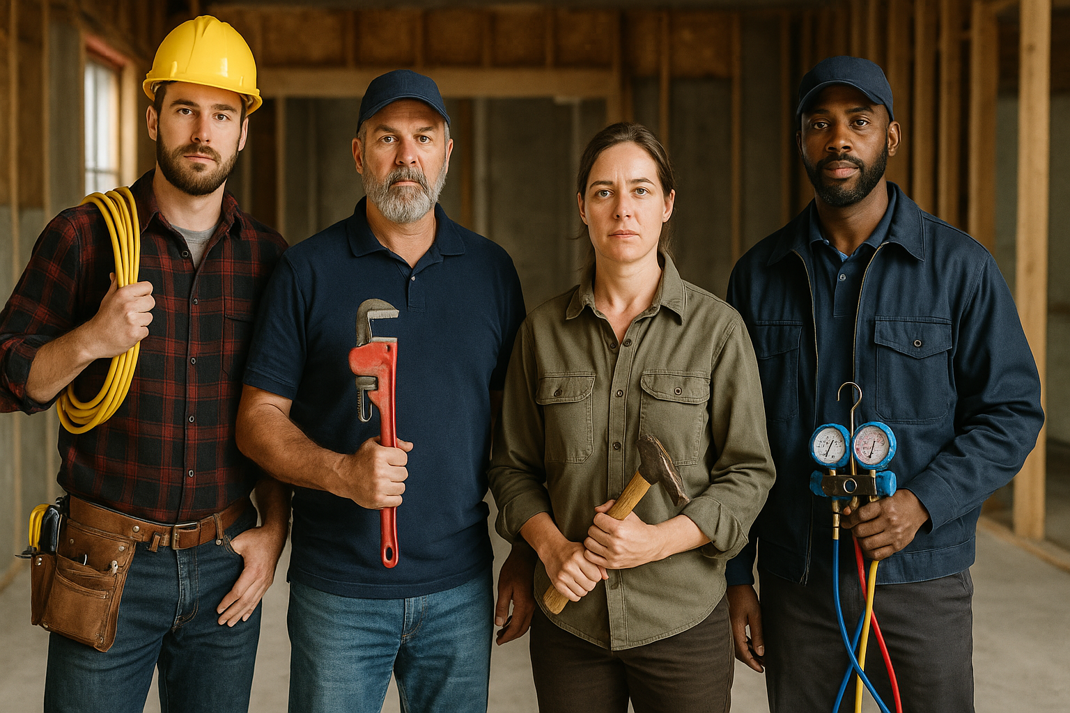 A photograph featuring four skilled tradespeople—electrician, plumber, carpenter, and HVAC technician—posing together at a construction site with tools in hand.