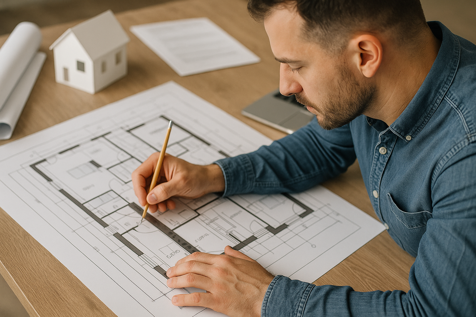A professional architect carefully sketching detailed floor plans during the planning and design phase of a home addition project.