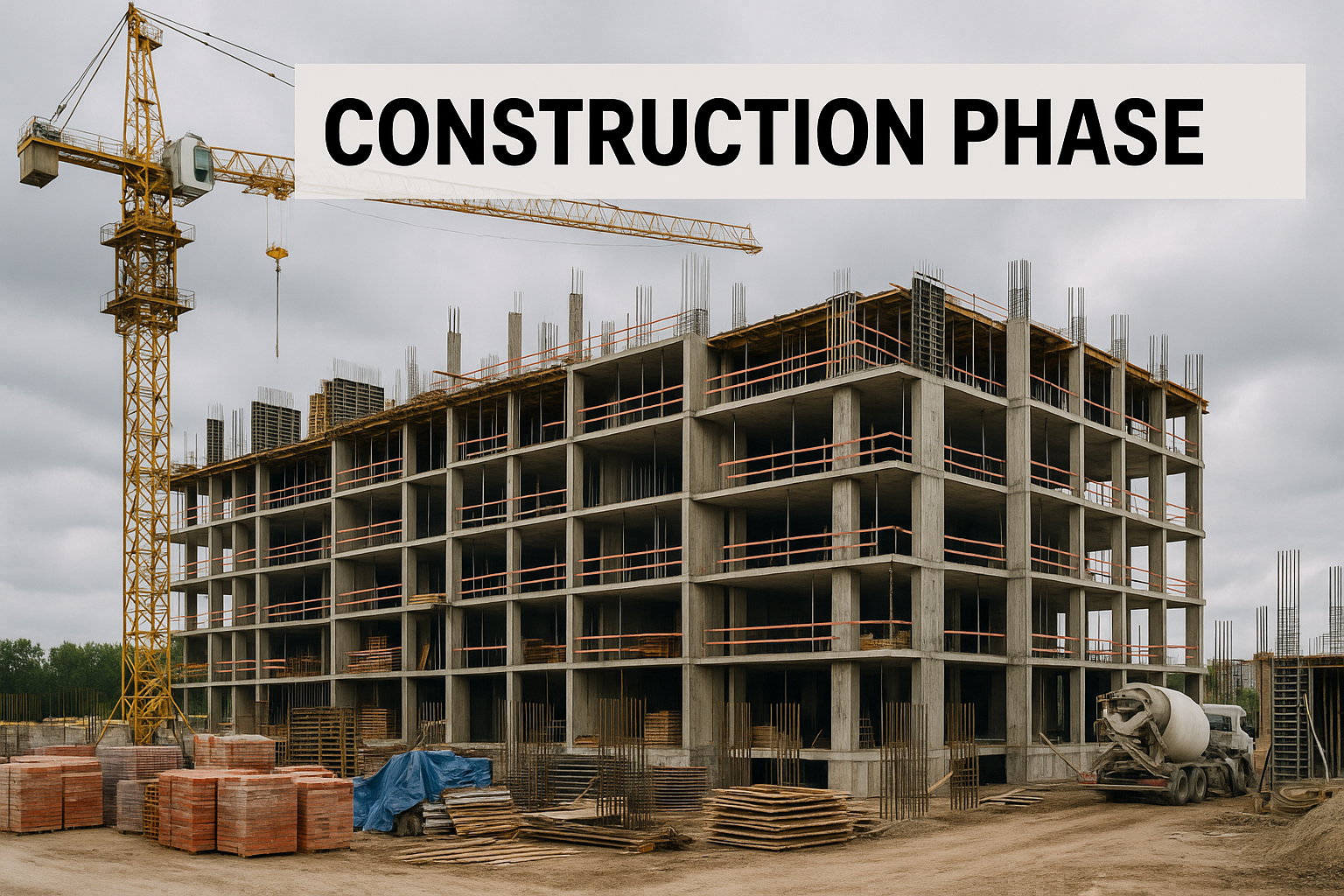 A photograph captures an active construction site with a large multi-story concrete building, a yellow tower crane, construction materials, and a cement mixer under a cloudy sky, illustrating the progress of the construction phase.