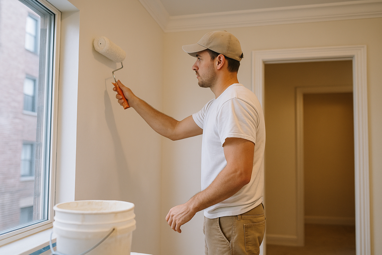 A professional painter carefully applies white paint to an interior wall during the finishing phase of construction, with a paint bucket and doorway visible in a softly lit room.
