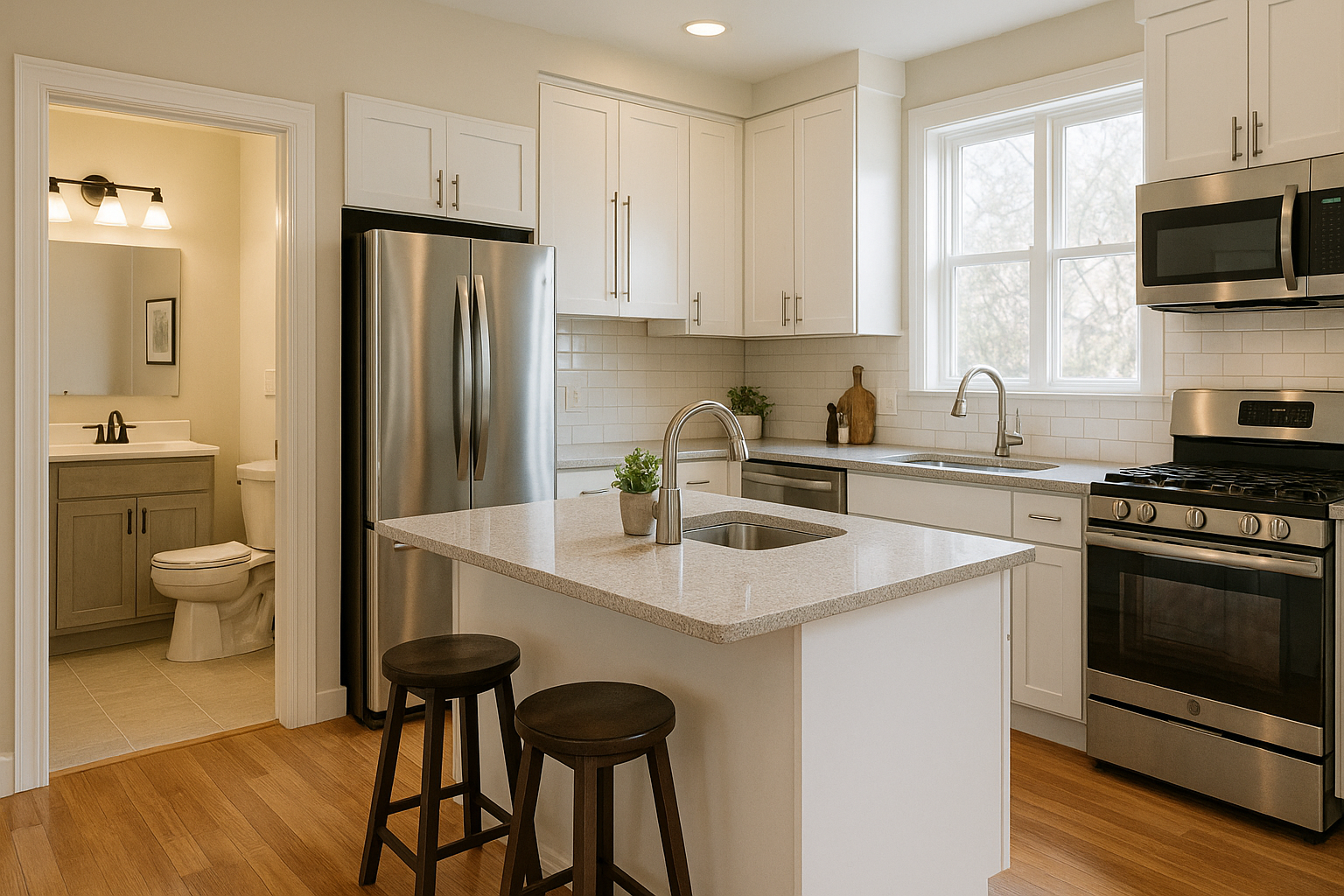 A photograph captures a spacious, modern kitchen in natural light, featuring stainless steel appliances and a view into an adjoining bathroom, illustrating home additions that boost property value.