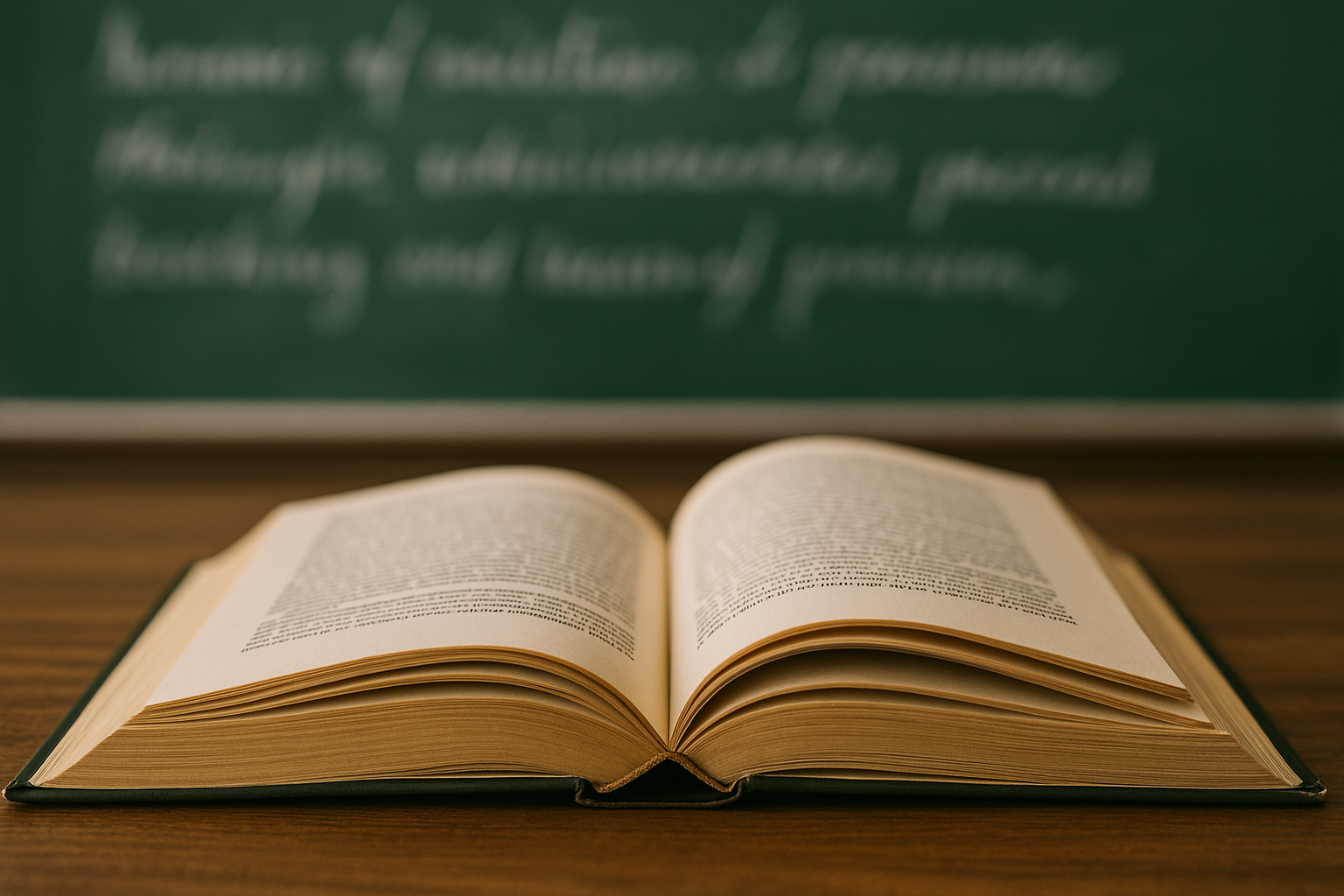 A DSLR-quality photo of an open vintage hardcover book placed on a wooden desk, with a chalkboard in the background symbolizing traditional education and the contrast between teaching and learning.