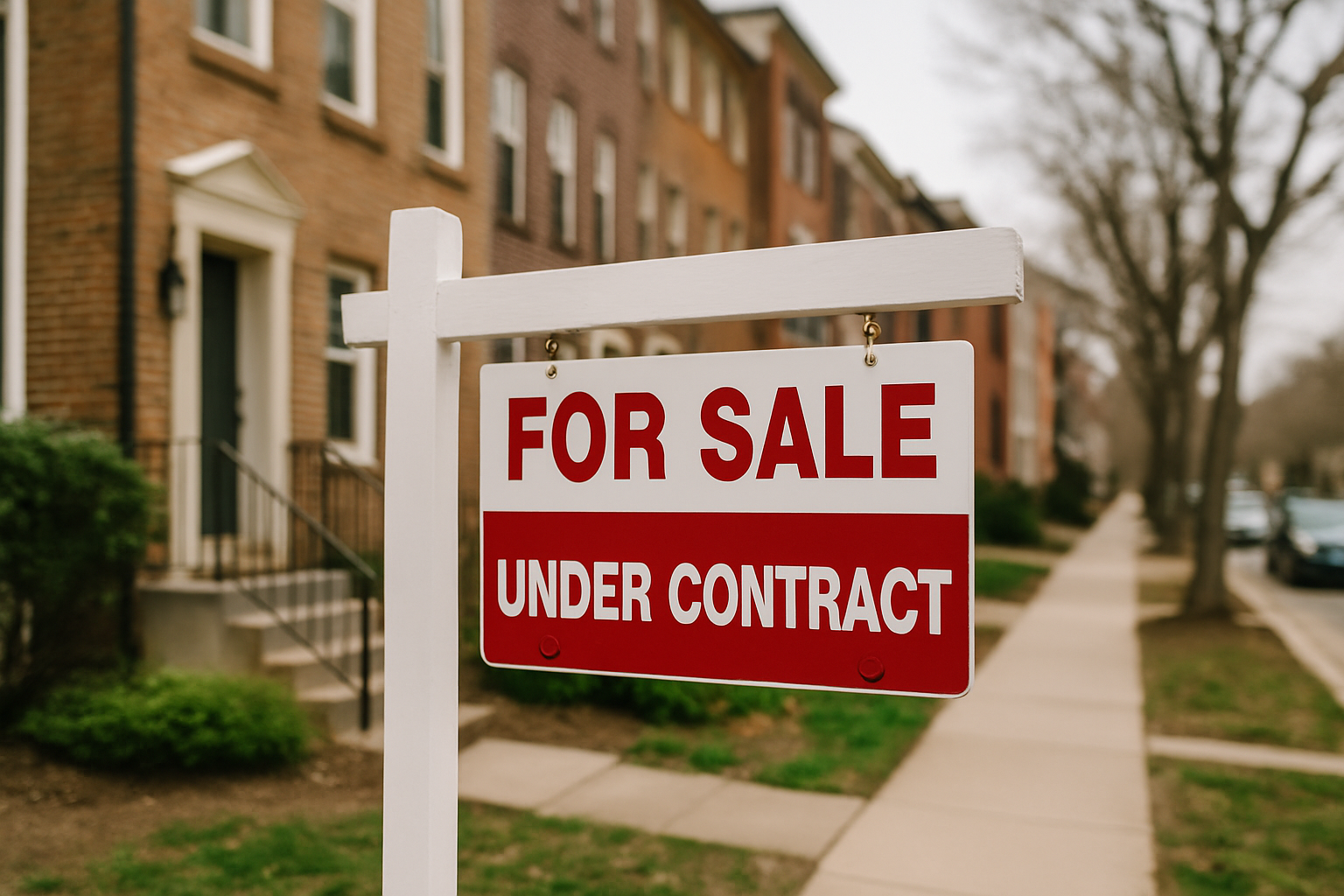 A clean suburban neighborhood with a prominent "For Sale" and "Under Contract" sign in front of classic brick townhouses, symbolizing fluctuations in the local real estate market.