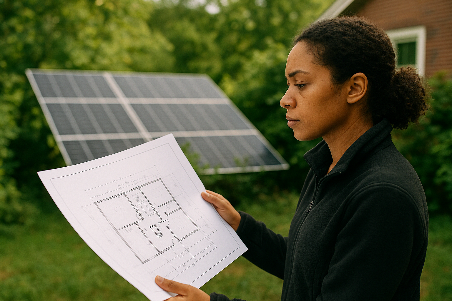 An African American woman reviews house addition blueprints outdoors near solar panels, symbolizing sustainable and energy-efficient home expansion planning.
