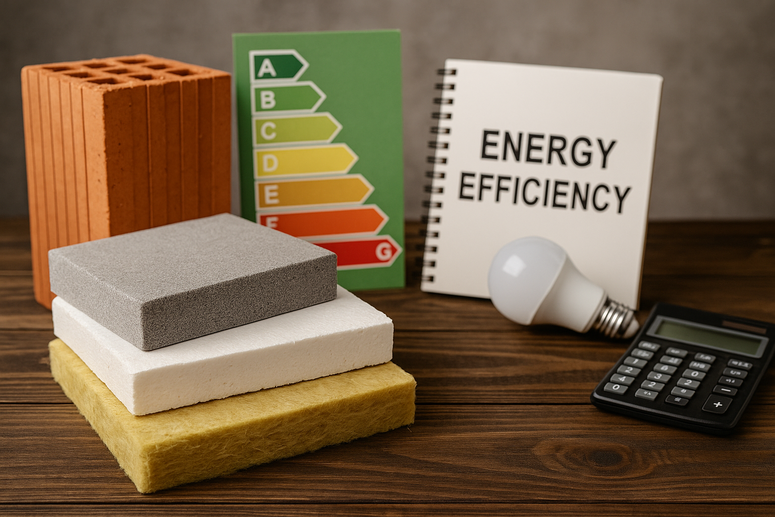 Photo of various energy-efficient building materials including insulation layers, terracotta brick, and an energy rating chart on a wooden table, promoting sustainable home construction.