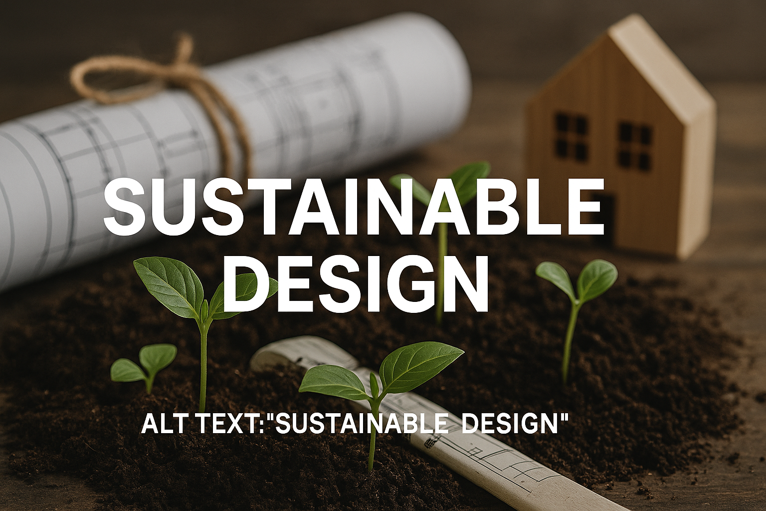 A close-up photo of seedlings growing from soil beside architectural blueprints and a wooden house model, symbolizing sustainable building practices.