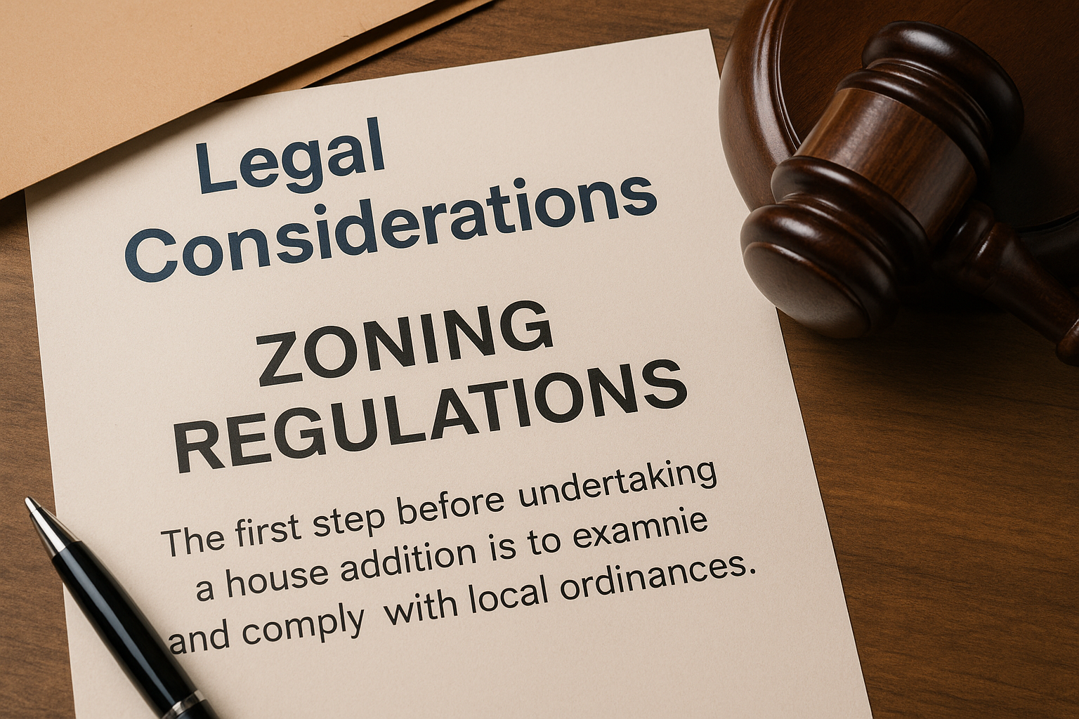 Close-up photo of a legal document titled "Zoning Regulations" next to a gavel and pen, representing legal requirements for home additions.