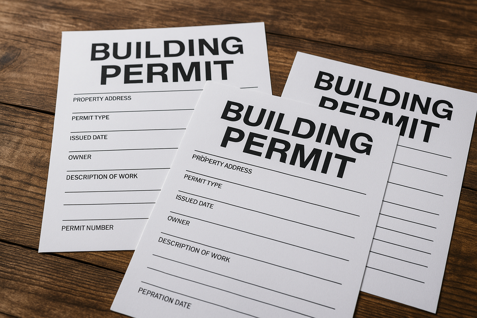 Close-up photo of three blank building permit forms on a wooden surface, representing legal requirements for house additions and construction approval.