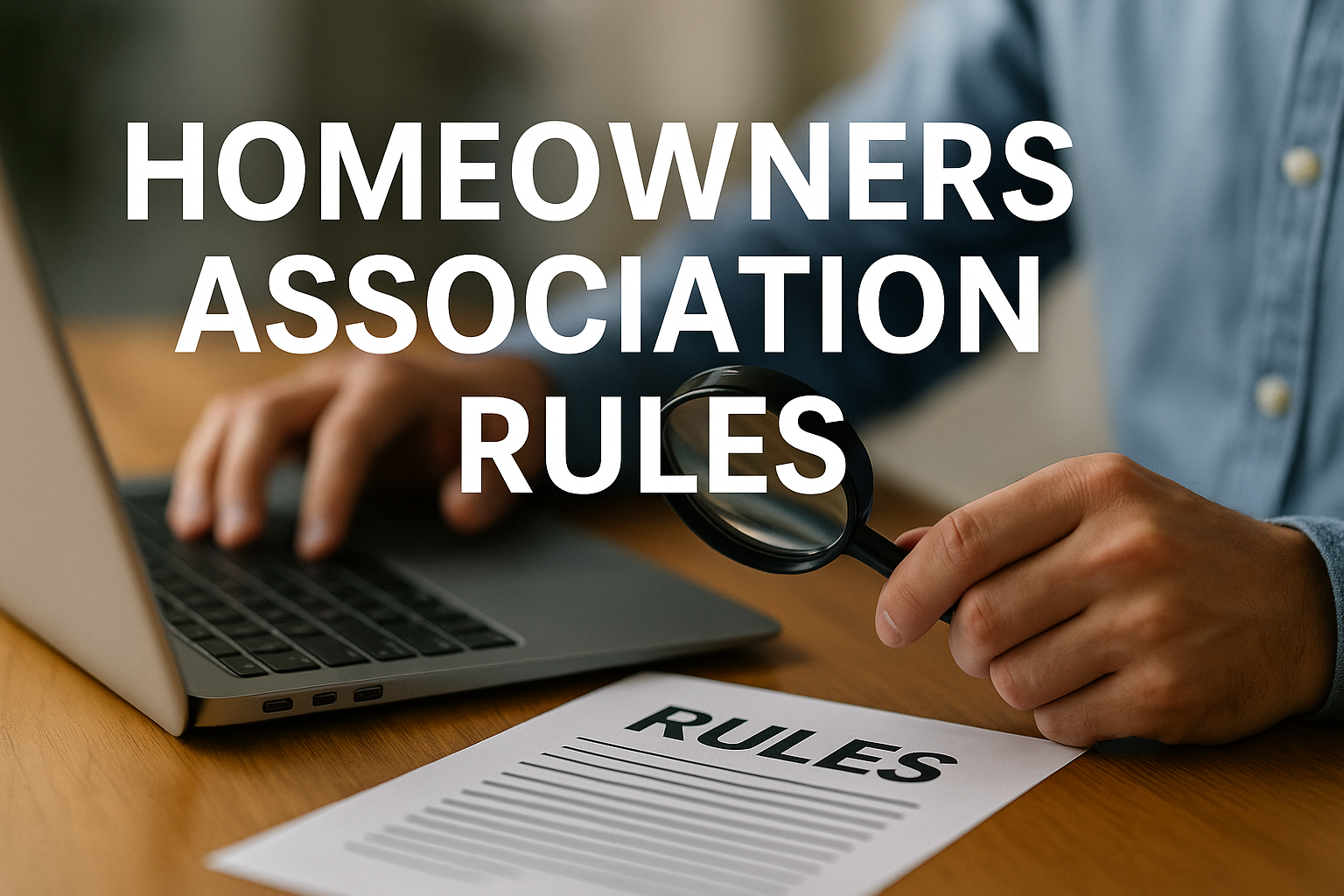 A homeowner reviewing HOA rules with a magnifying glass and laptop, emphasizing the importance of understanding homeowners association regulations before making property changes.
