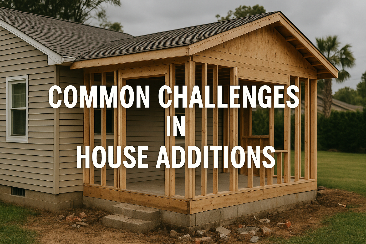 A suburban house under construction with a wood-framed addition, illustrating the challenges of home expansions. 
