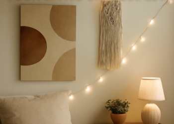 Cozy DIY room decor featuring a textured bedspread, handmade wall art, macramé hanging, and warm lighting, all contributing to a budget-friendly, stylish room transformation.
