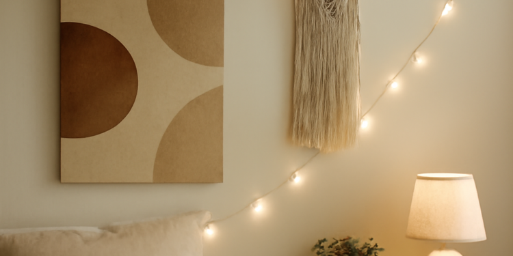 Cozy DIY room decor featuring a textured bedspread, handmade wall art, macramé hanging, and warm lighting, all contributing to a budget-friendly, stylish room transformation.