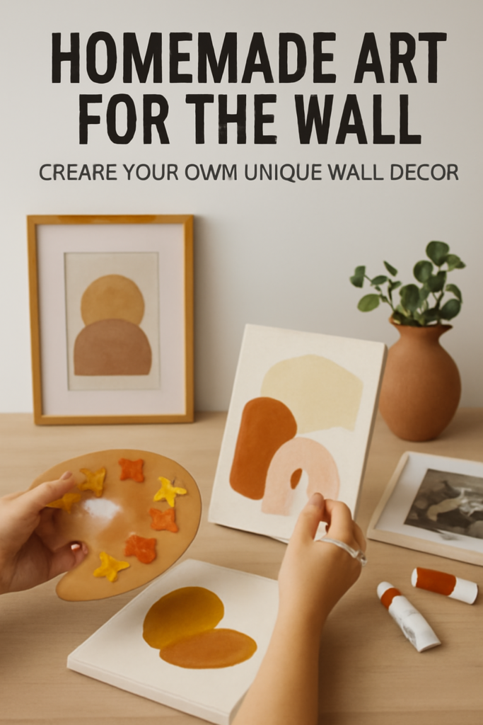 A cozy, artistic workspace with a person creating abstract wall art. The scene features a palette with bright colors, framed artwork, and plants, demonstrating DIY wall decor ideas. Let me know if you need more images or adjustments!