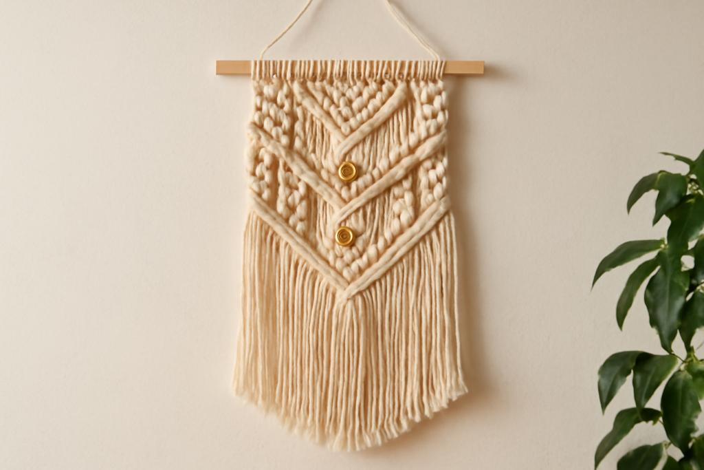 Macramé wall hanging with intricate knot patterns, featuring beads and fringe, adding texture and warmth to a living room or bedroom