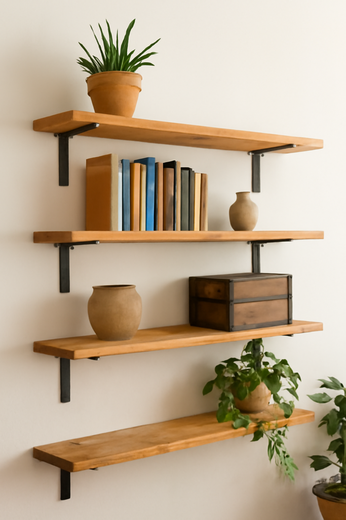 Four-tier wooden floating shelves with black metal brackets, displaying plants, books, and decorative items on a light-colored wall