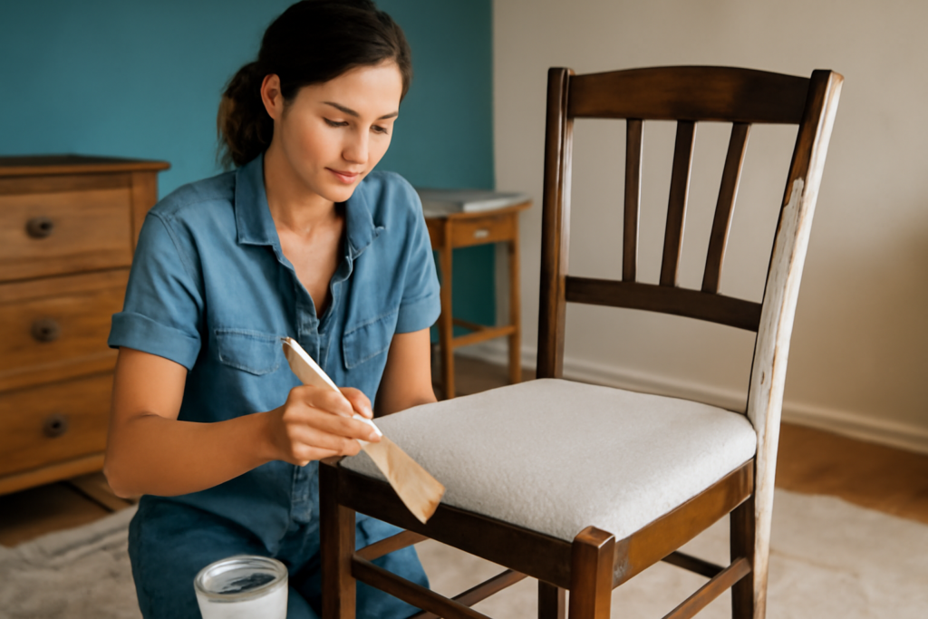A focused woman refurbishing an old wooden chair with new upholstery and a fresh coat of paint, adding a modern touch to her home decor.