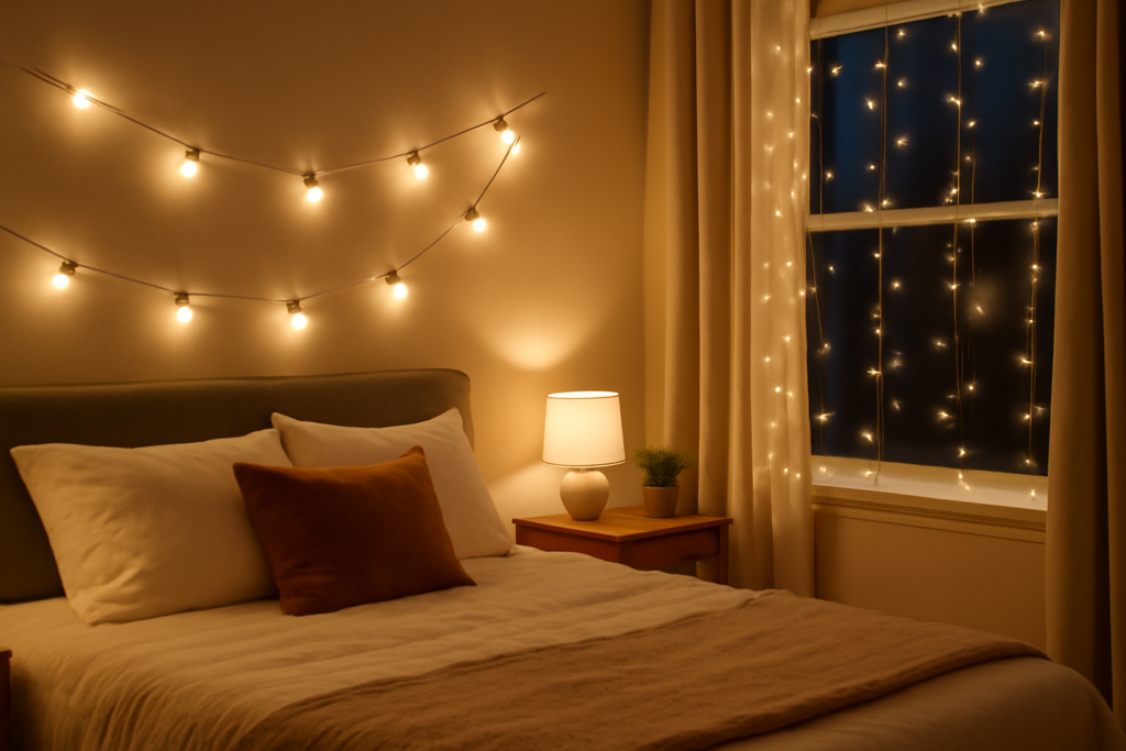 A cozy bedroom at night with string lights illuminating the walls and window, adding a soft and warm ambiance to the room.
