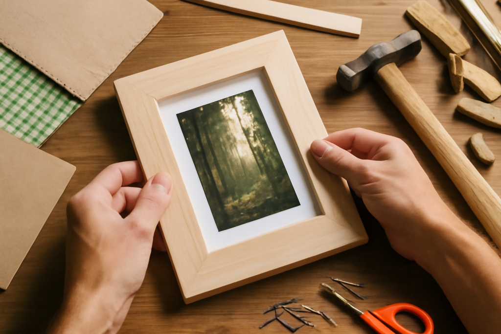 A person crafting a wooden picture frame with a forest-themed photo, surrounded by tools and materials, showcasing the DIY process.
