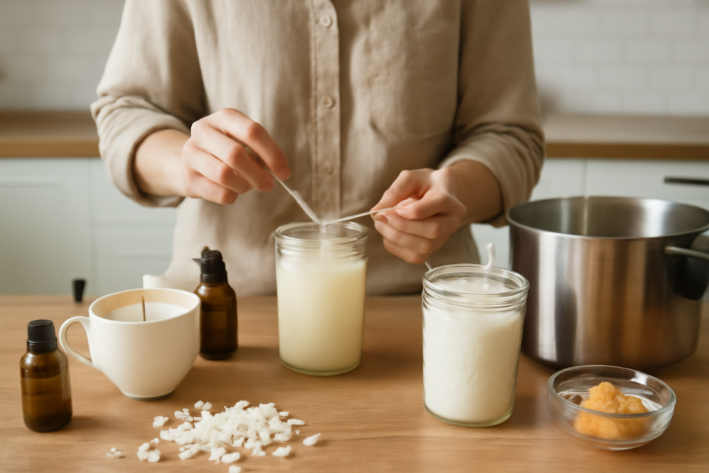 A person creating homemade candles, adjusting the wick in mason jars filled with melted wax and surrounded by candle-making supplies.