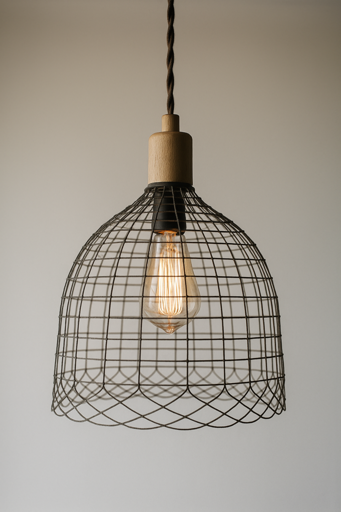 A photograph captures a handcrafted pendant light made from a wire frame and wood mount, glowing warmly with an Edison bulb—perfect for DIY home lighting inspiration.