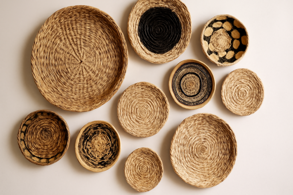 A beautifully arranged collection of woven wall baskets of different sizes, made from natural rattan and fabric materials, showcasing intricate textures and patterns—ideal for home decor inspiration.
