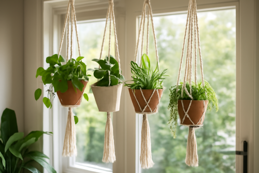 A beautiful photo of four macramé plant hangers featuring lush green plants like Pothos and Spider Plants, hanging by a large window that lets in natural light, adding a bohemian touch to the room
