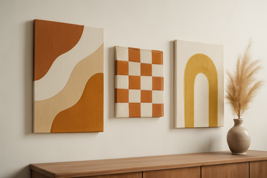 A stunning photo of three fabric wall art pieces with modern geometric designs in warm tones of orange and beige, hung above a wooden sideboard with pampas grass, creating a cozy and artistic ambiance.