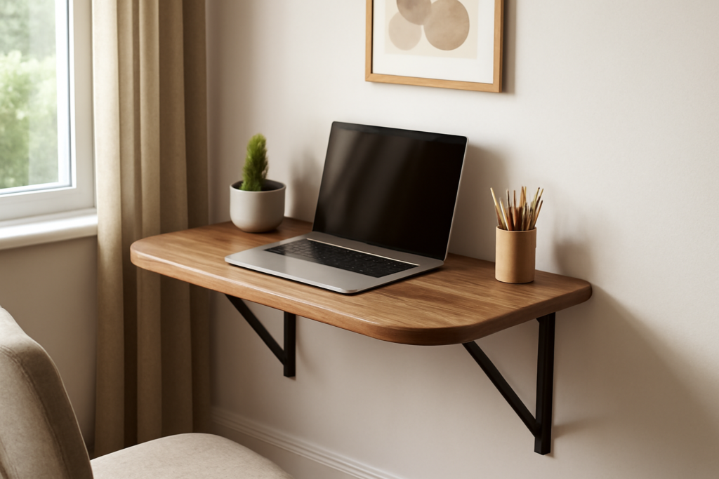 DIY wall-mounted desk with natural wood surface, laptop, and plant in a minimalist home office setting.