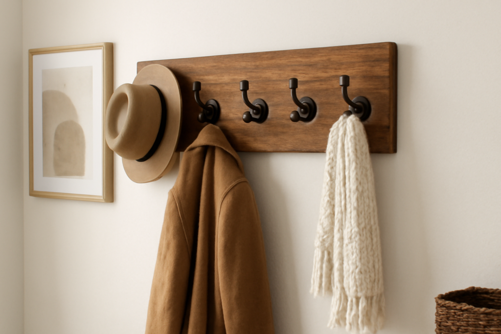 A rustic wooden coat rack with matte black metal hooks, displaying a hat, coat, and scarf in an inviting entryway.